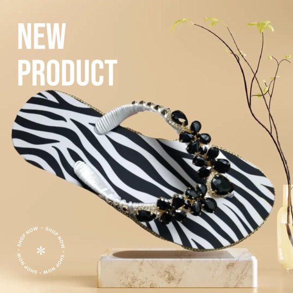 Women's Luxury zebra print flip flops with crystals and rhinestones all occasion - Picture 2 of 16